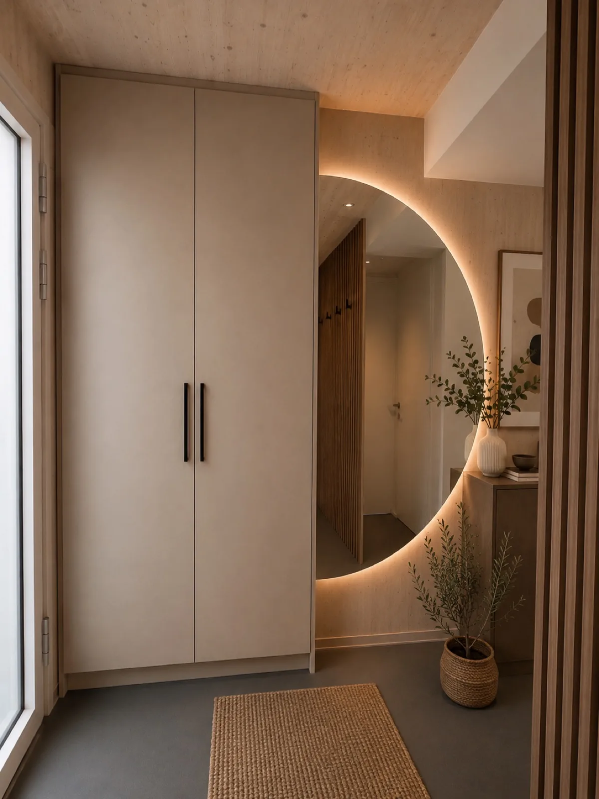 Individuelle Flurgestaltung mit Einbauschrank, Holzlamellen und Rundspiegel