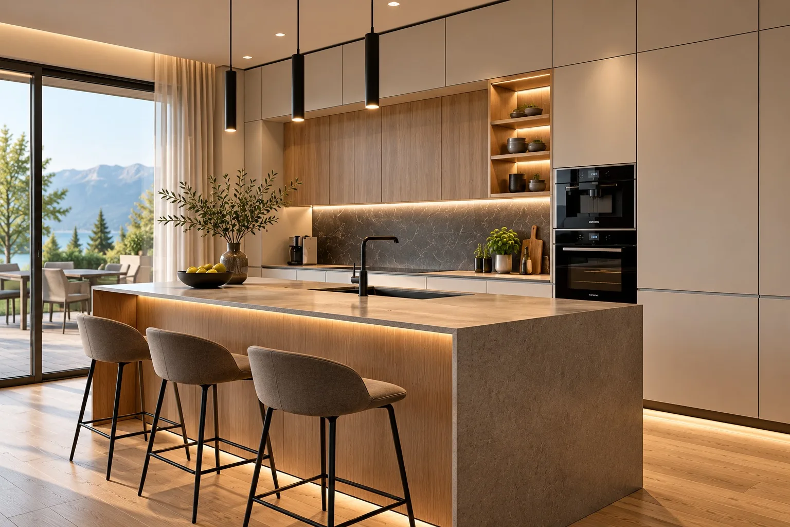 Rendering einer maßgefertigten Küche mit Kochinsel aus Holz und Stein, Bar-Hockern und Seeblick