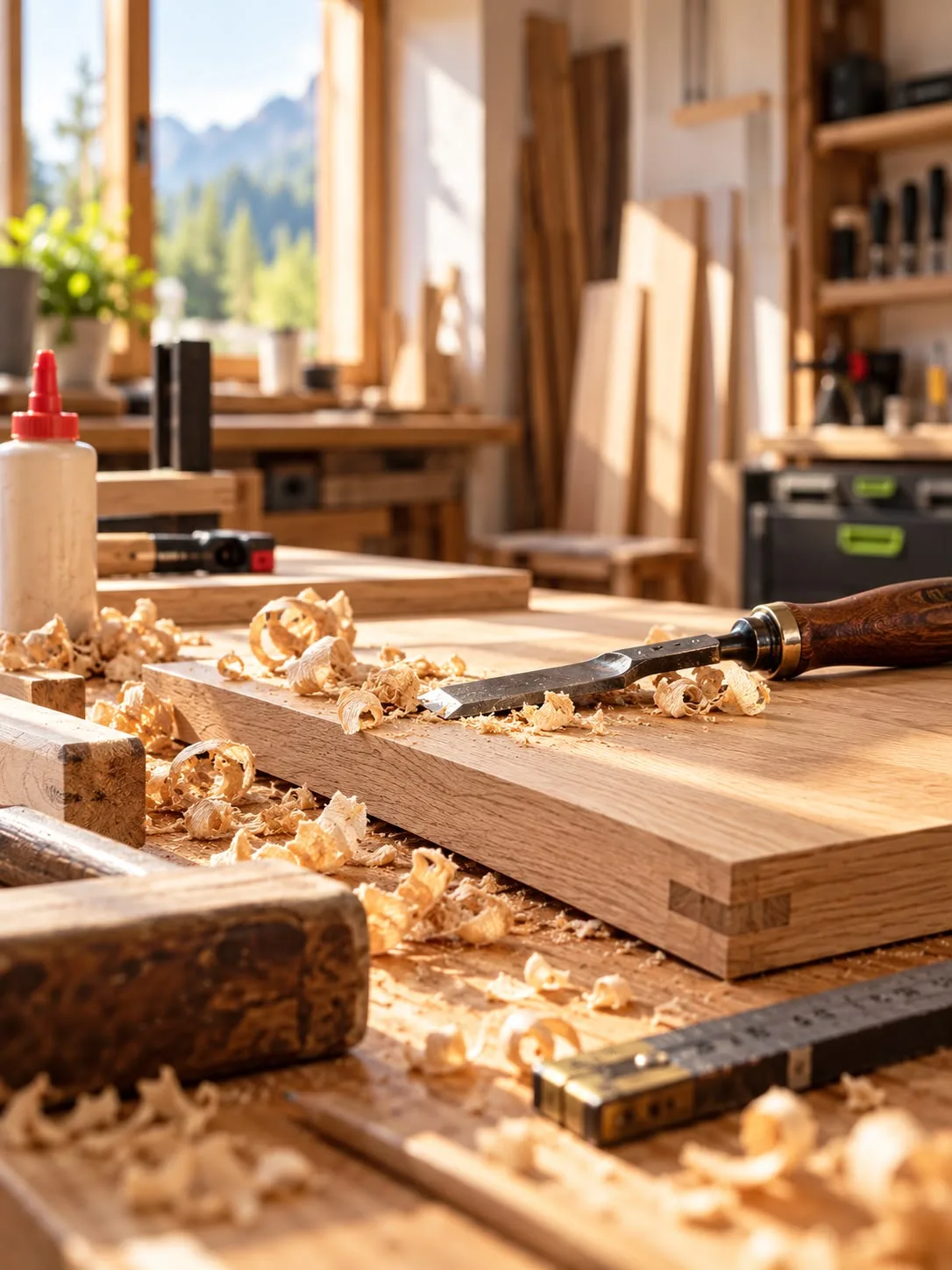 Eichenbrett mit Schwalbenschwanz-Verbindung, Stemmeisen und Hobelspänen auf der Werkbank