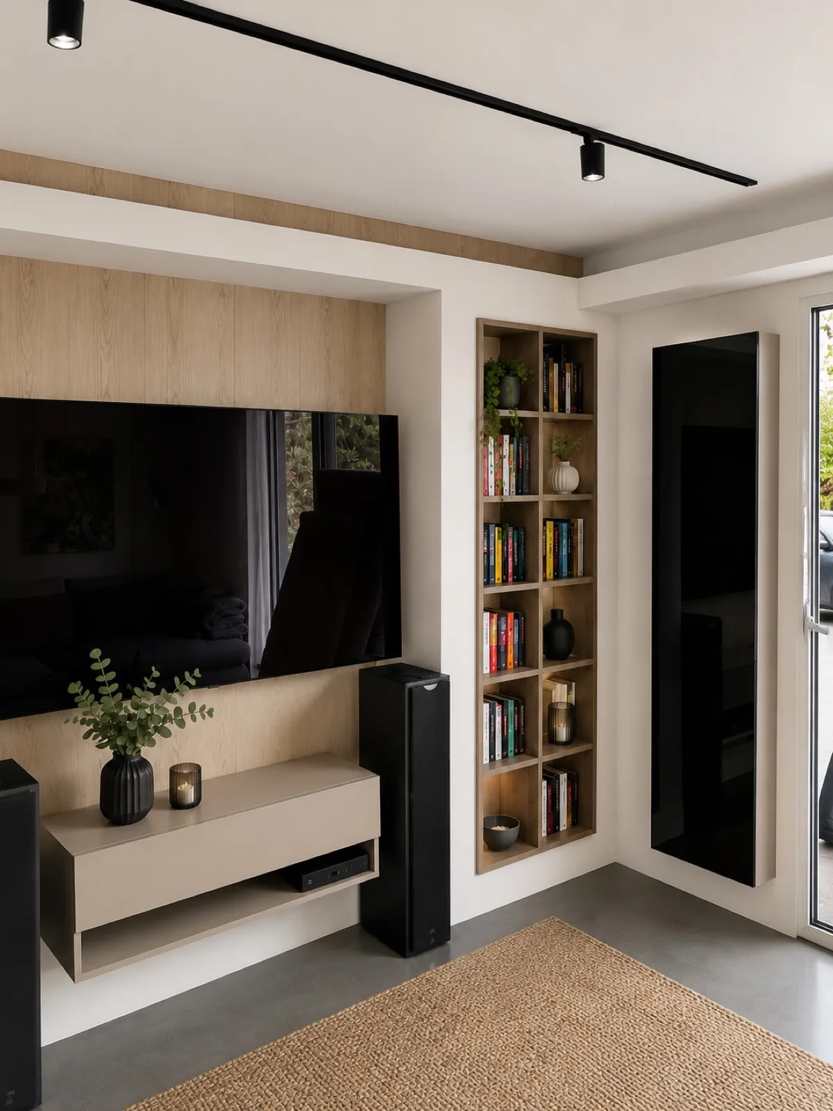 Wohnwand mit TV, schwebendem Lowboard und Bücherregal